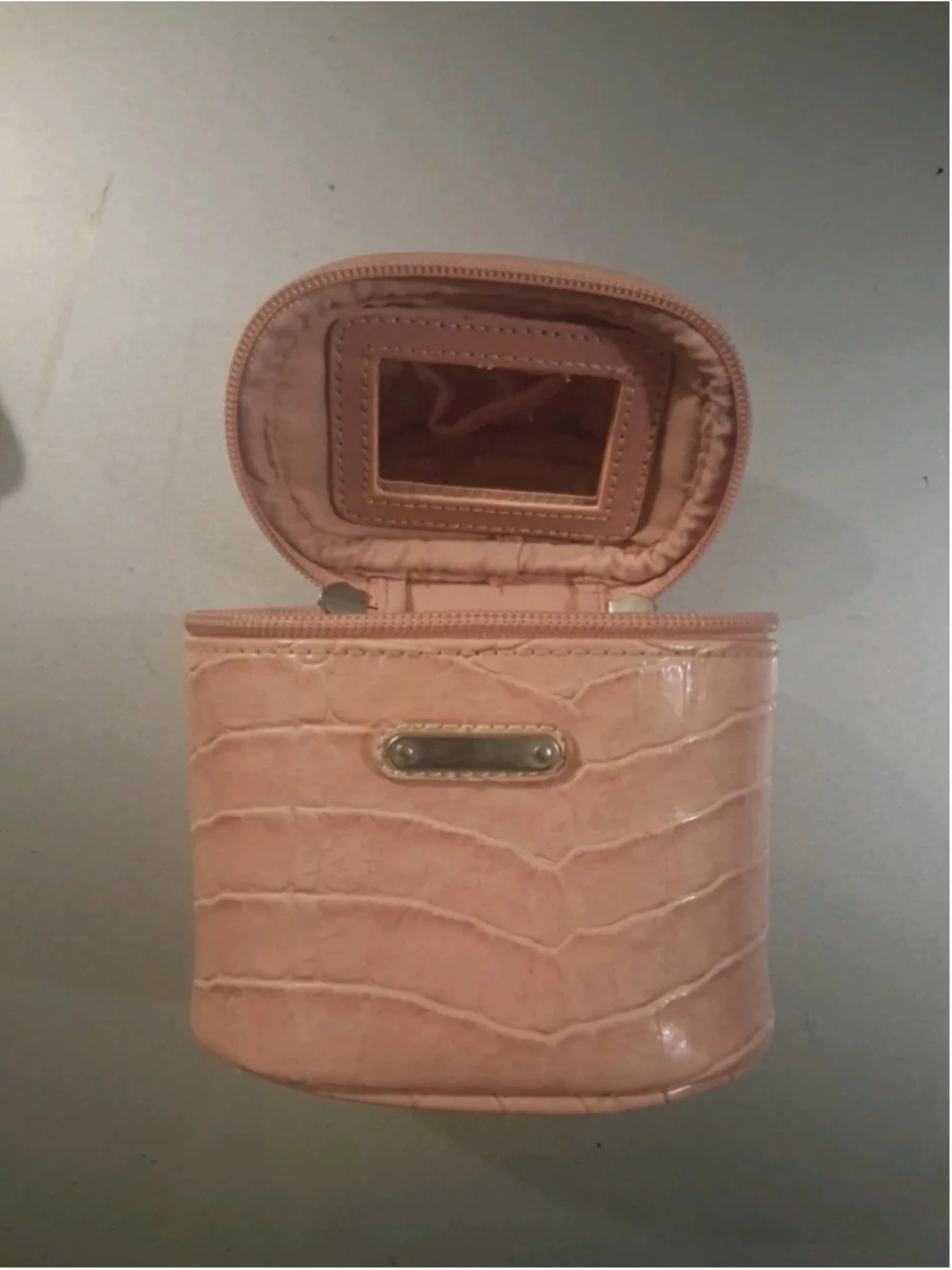 Pink Croc-Embossed Faux Leather Makeup Bag with Handle, Mirror & Zipper 6x5